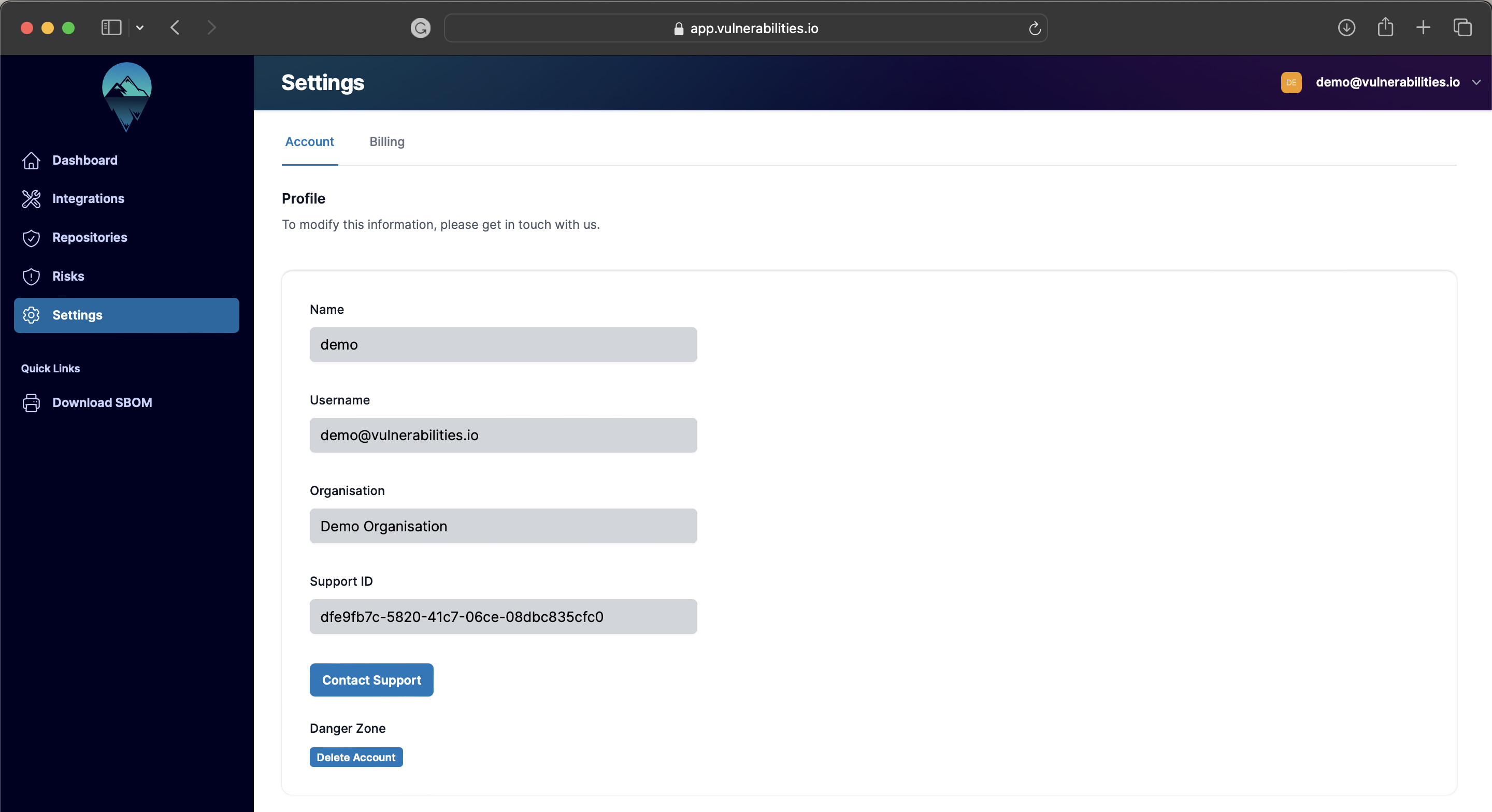 Vulnerabilities Compliance account settings page with account and billing tabs