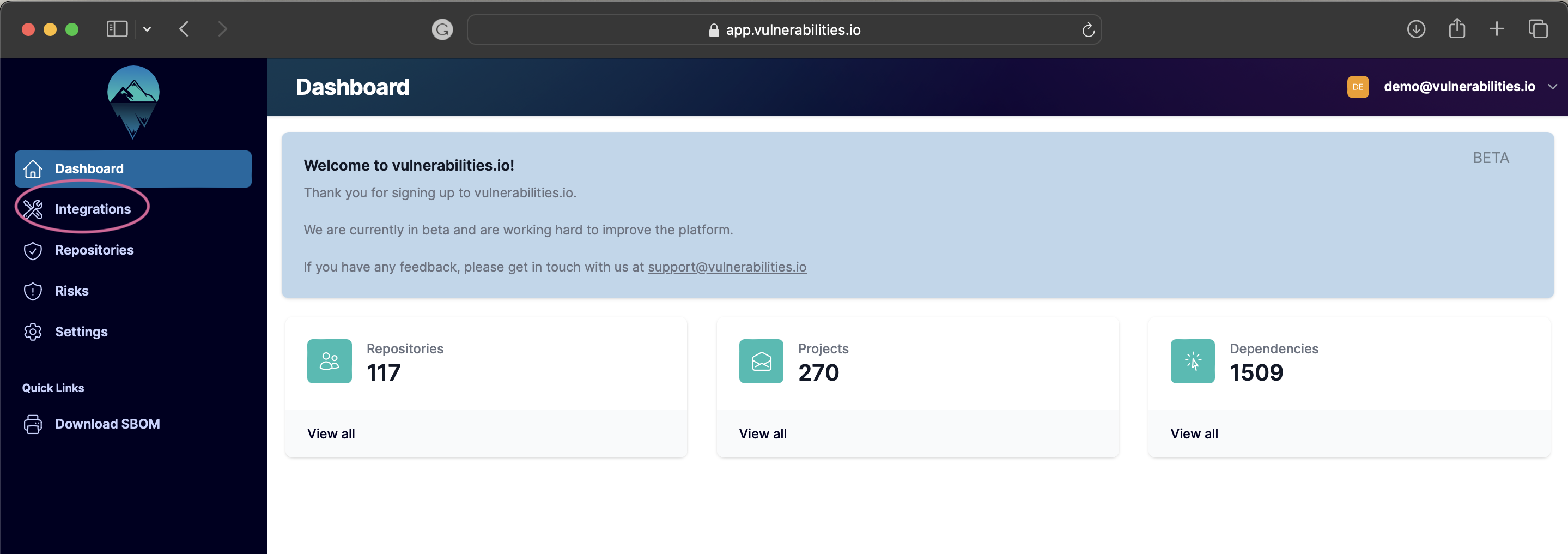 Vulnerabilities Compliance dashboard showing integrations button