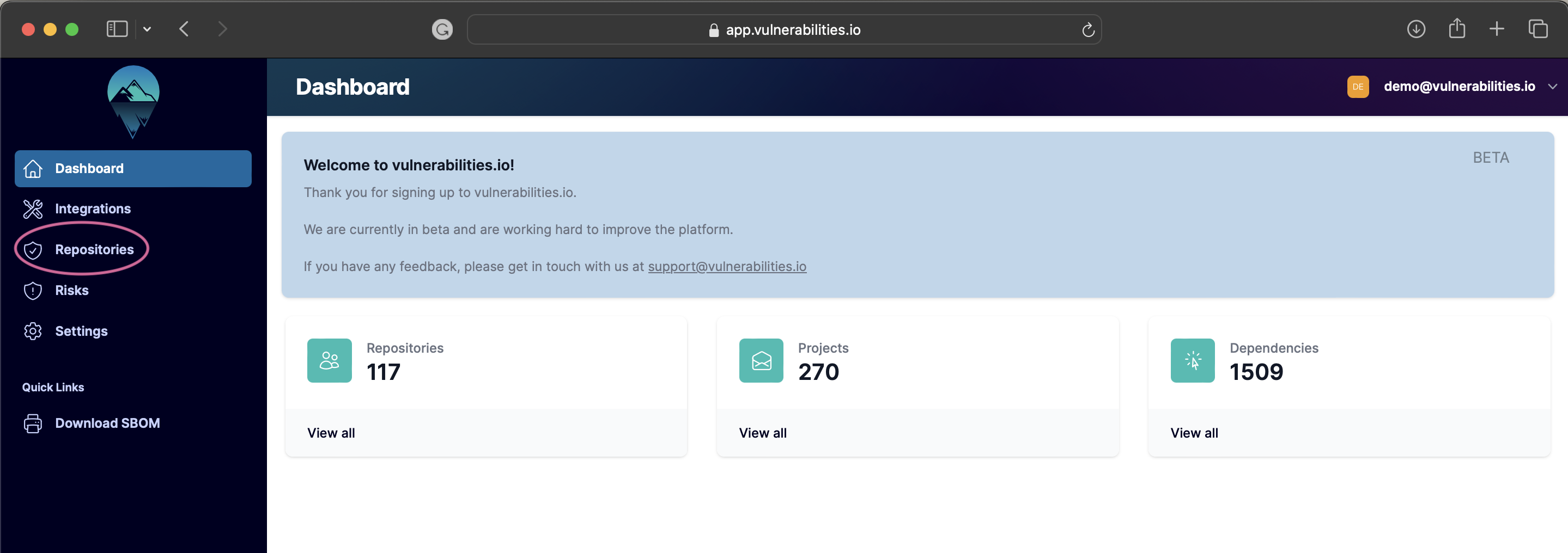 Vulnerabilities Compliance Dashboard page Highlighted Repositories button