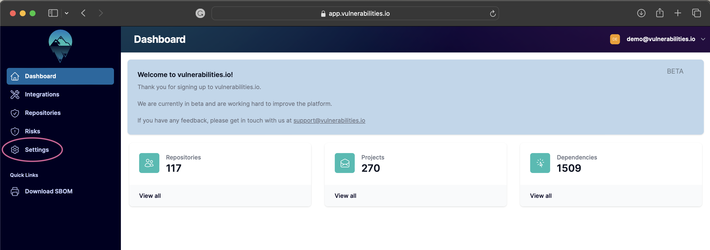 Vulnerabilities Compliance Dashboard page with Settings button highlighted