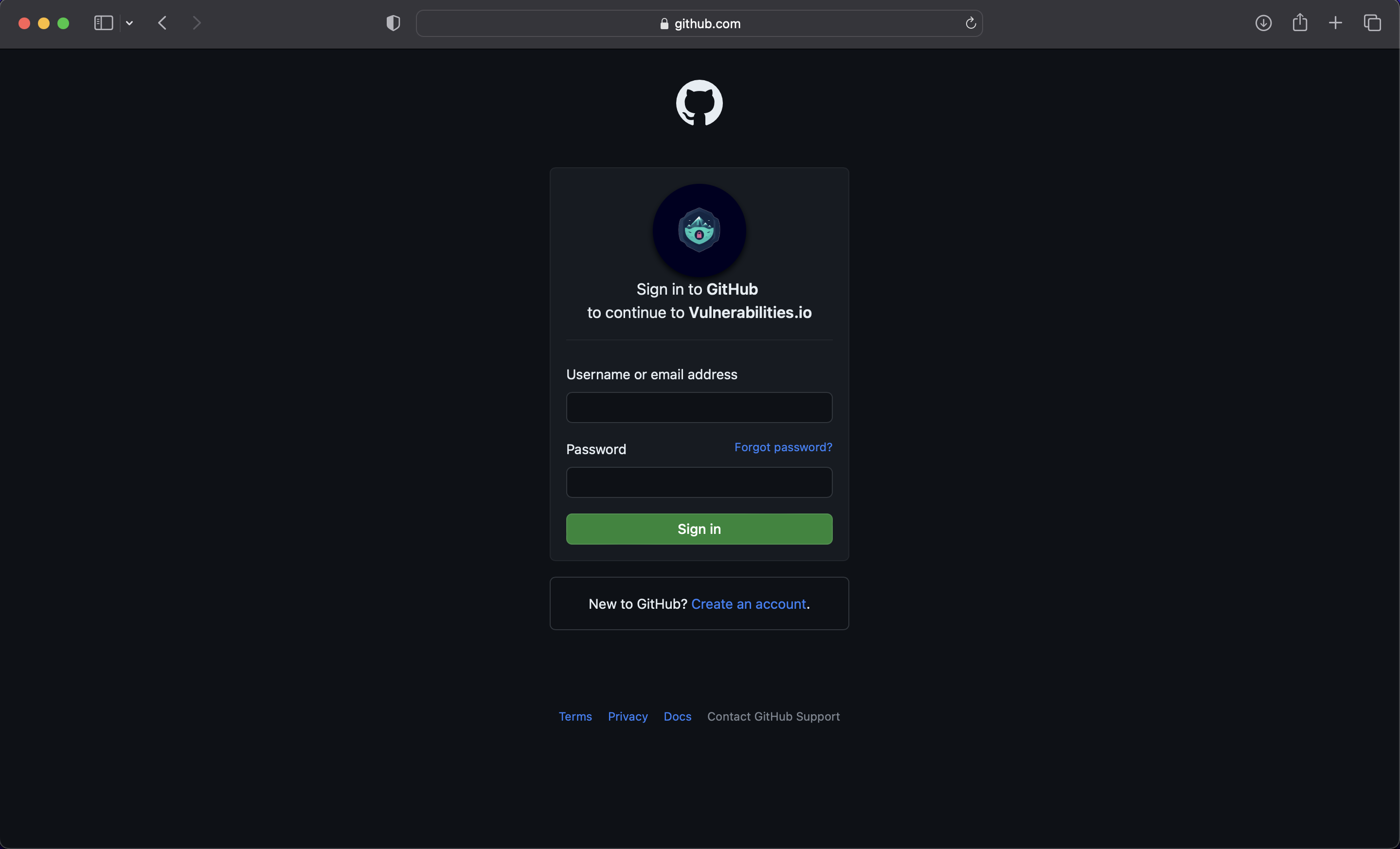 Github integration login page showing username and password