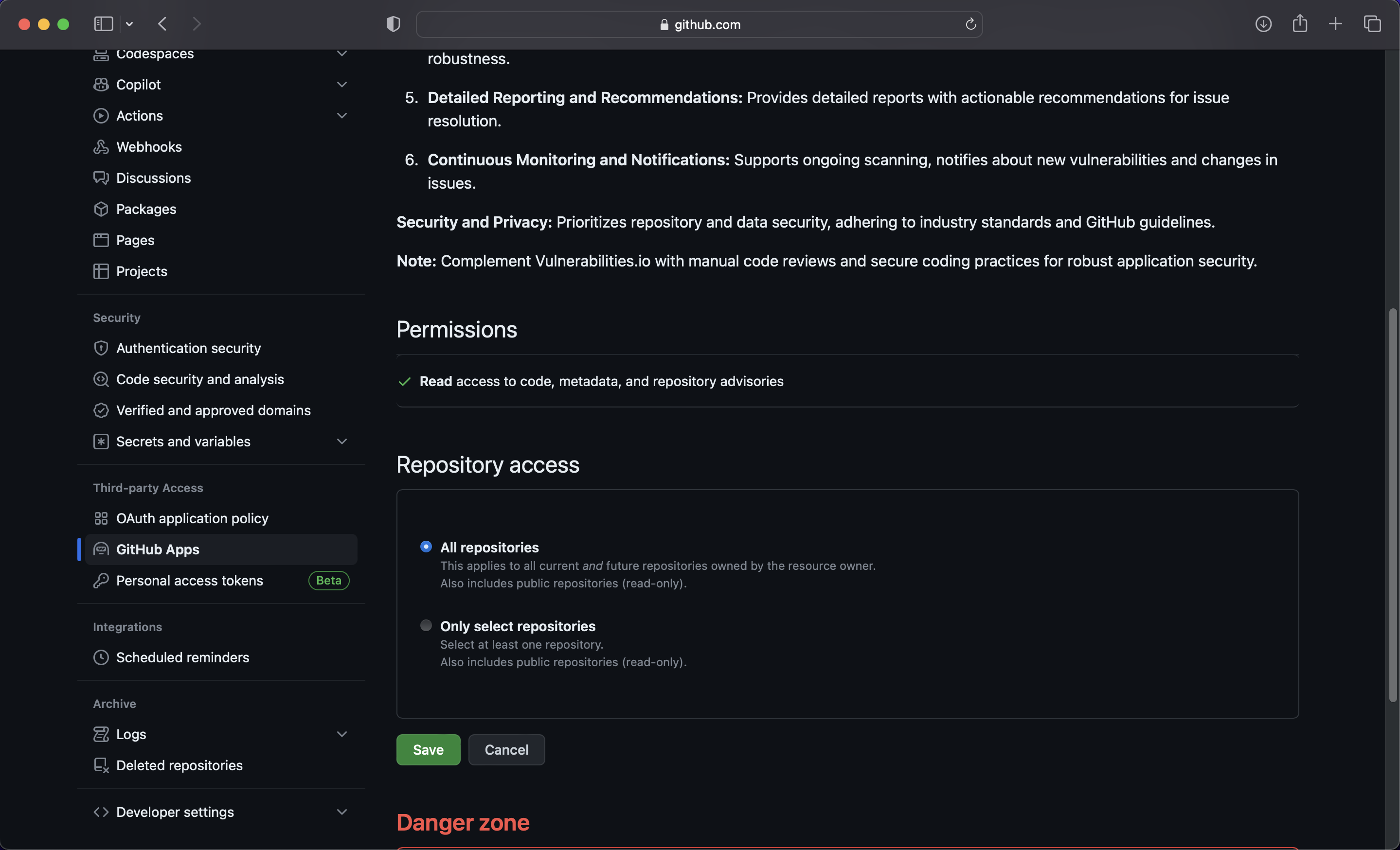 Github integration permissions settings showing all repositories selected