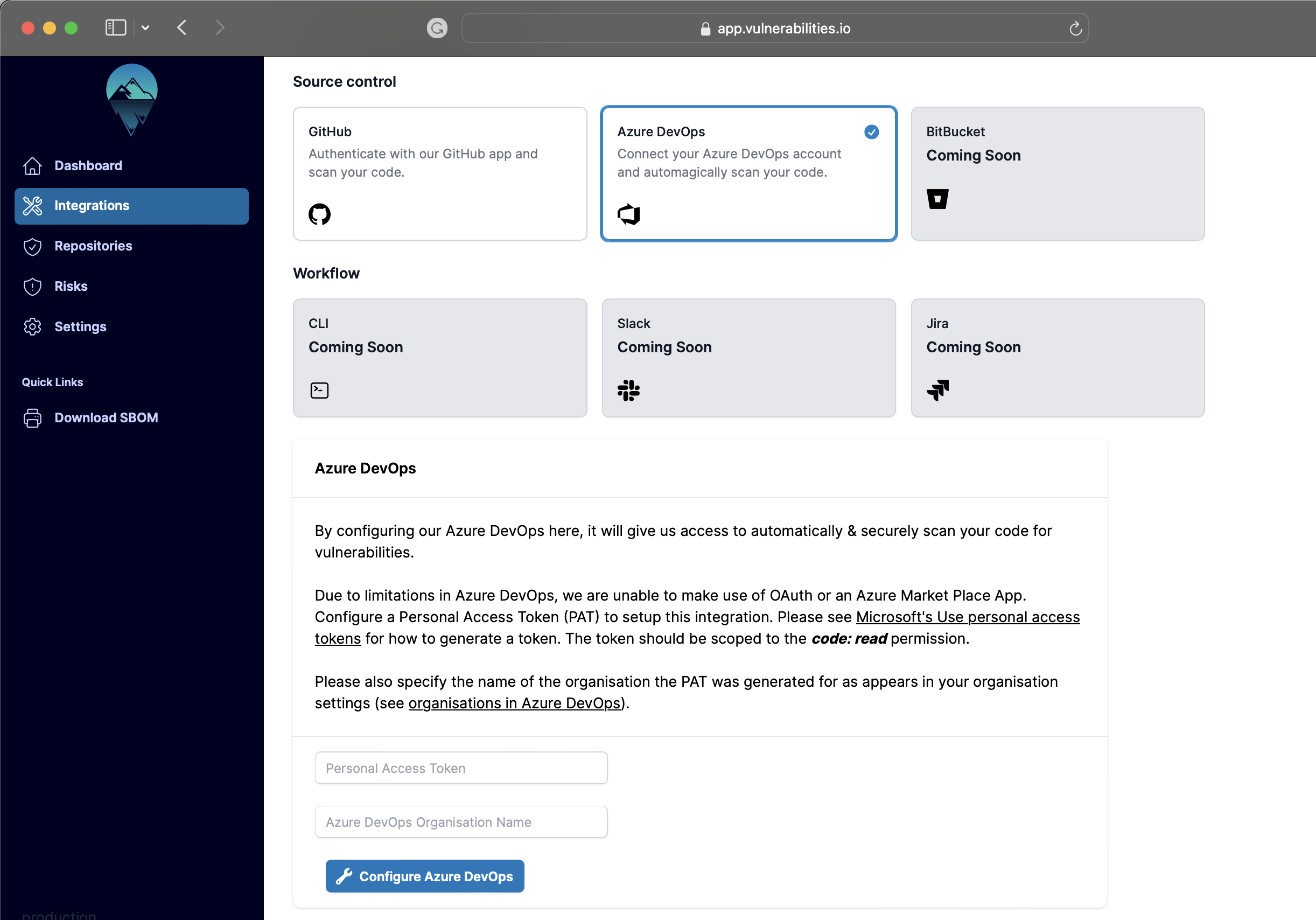 Vulnerabilities Compliance dashboard showing un-configured GitHib integration