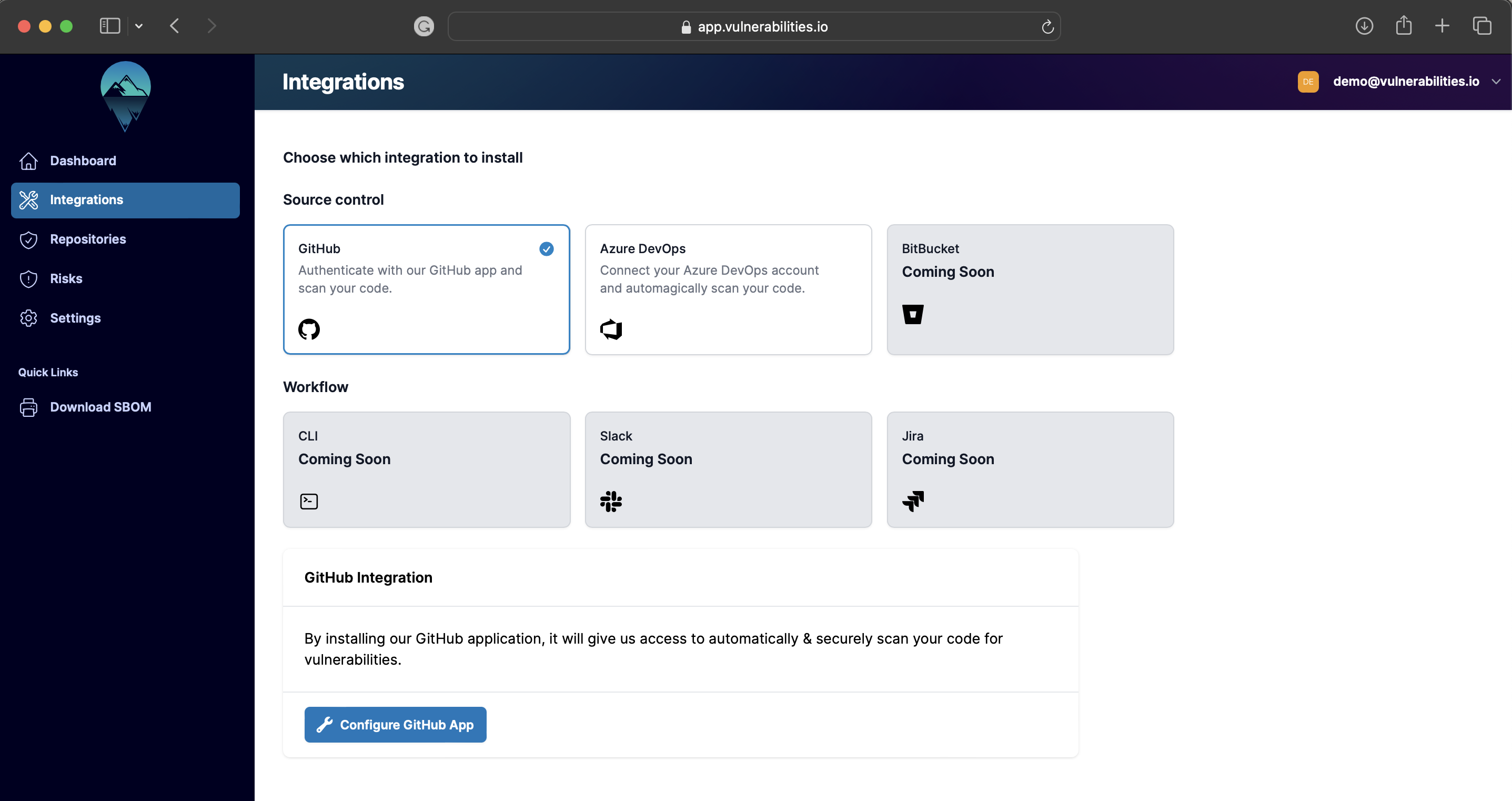 Vulnerabilities Compliance dashboard showing un-configured GitHib integration