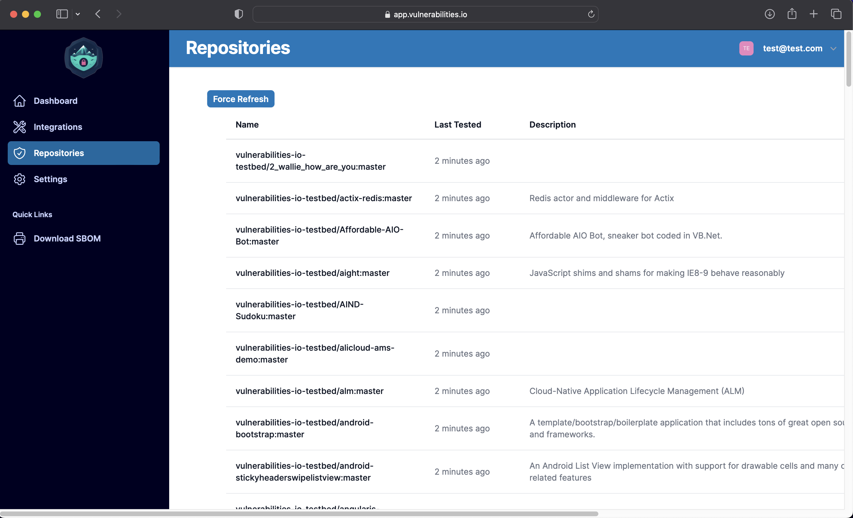 Vulnerabilities compliance repositories showing scanned repositories