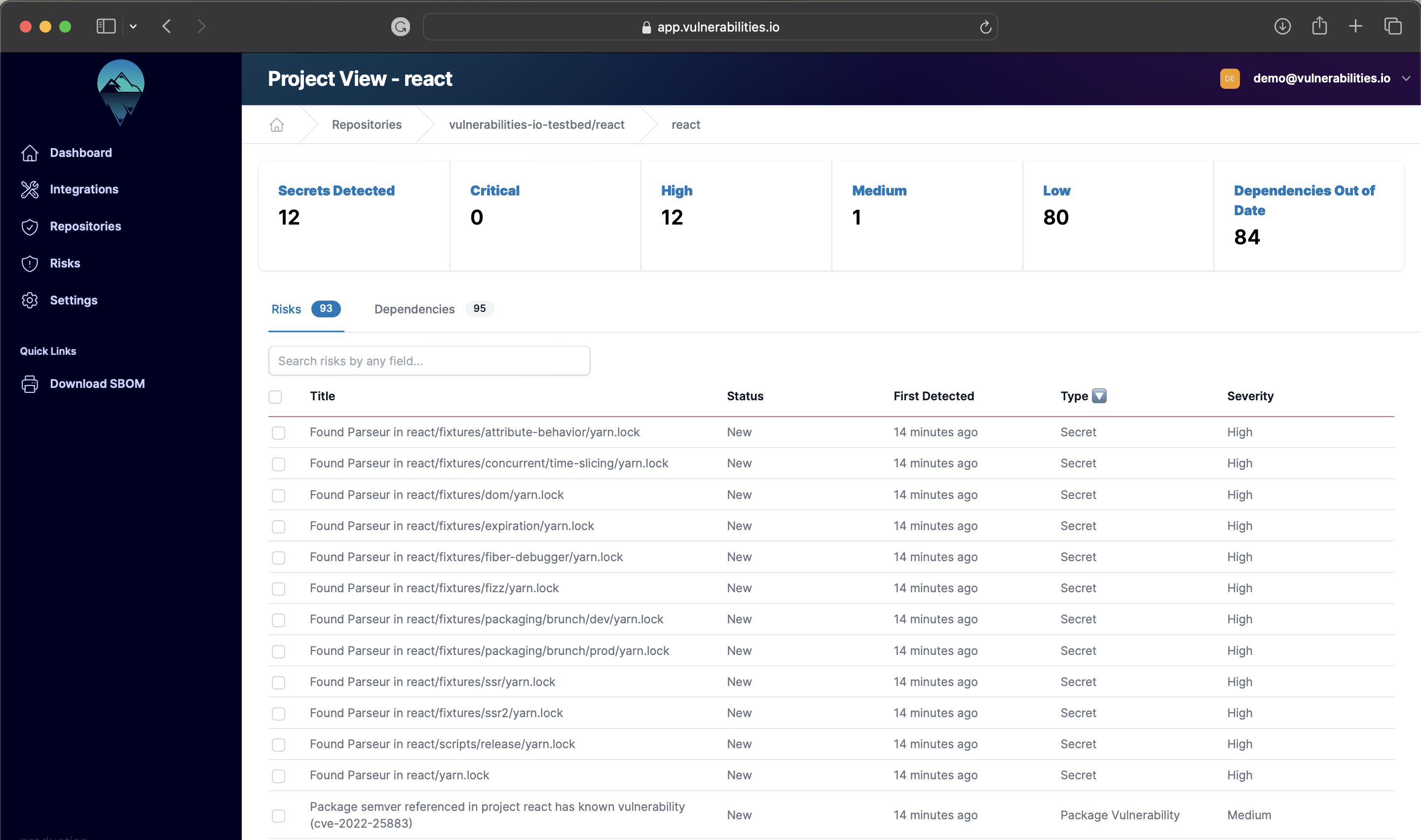 Vulnerabilities Compliance Repositories Area showing a projects risks