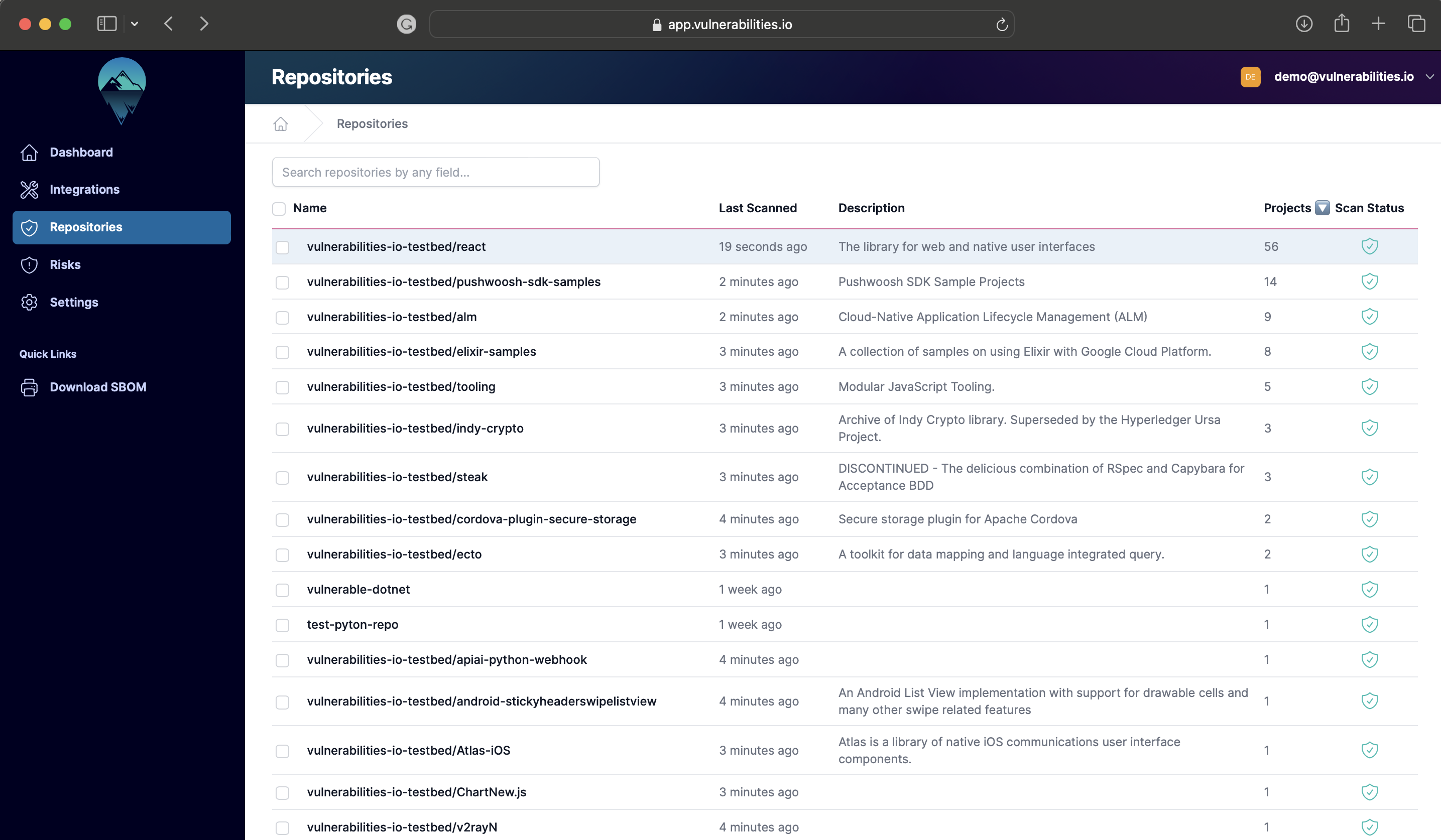 Vulnerabilities Compliance Repositories page showing repositories