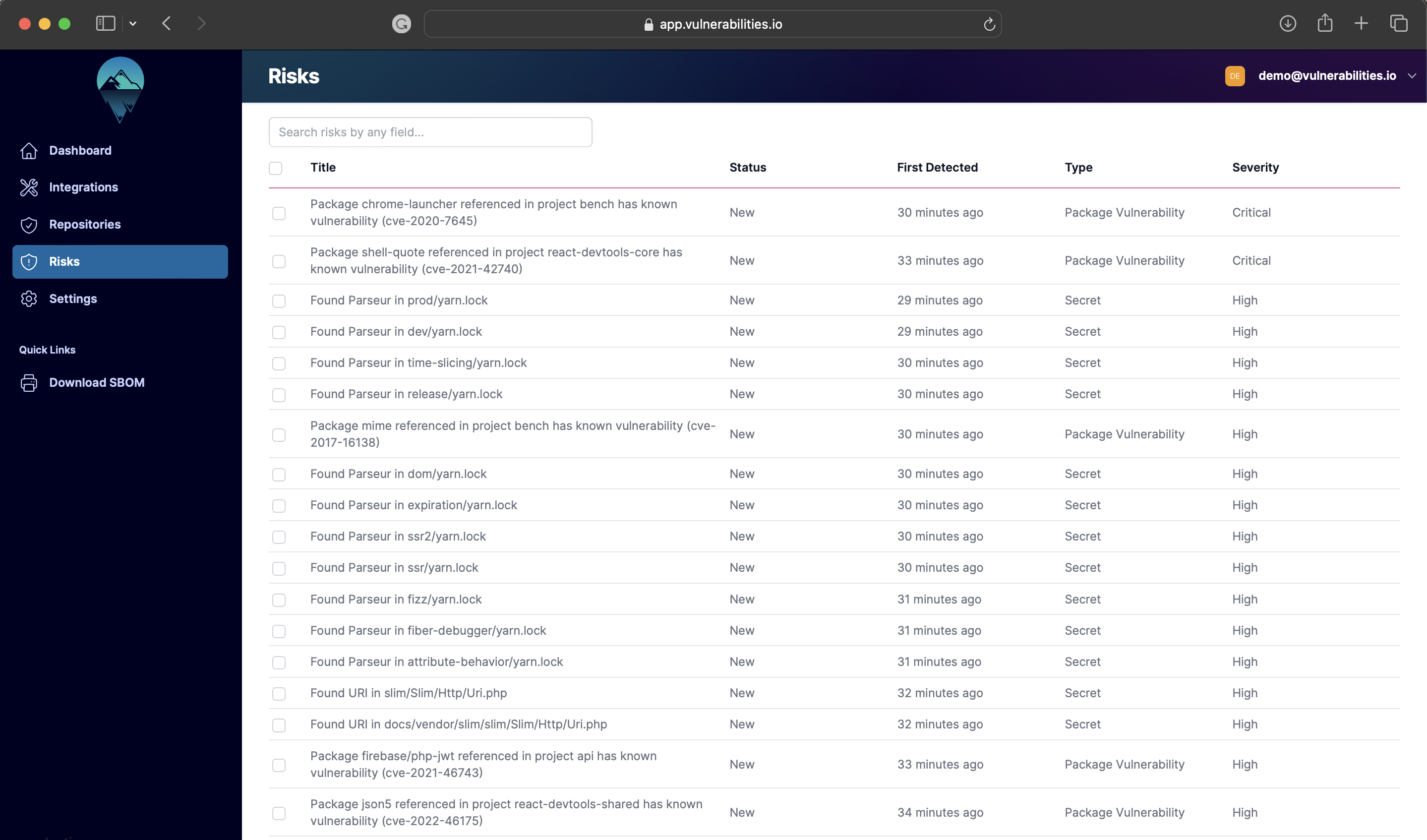 Vulnerabilities Risks dashboard showing package vulnerabilities secrets old dependencies non-compliant packages gdpr considerations